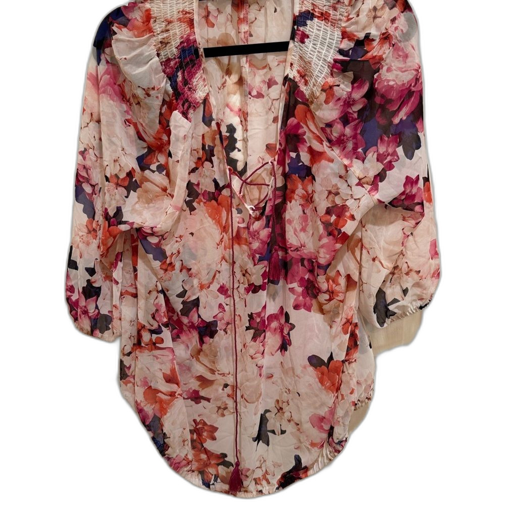 Lane Bryant Women's White & Pink Floral 3/4 Sleeve Length Blouse